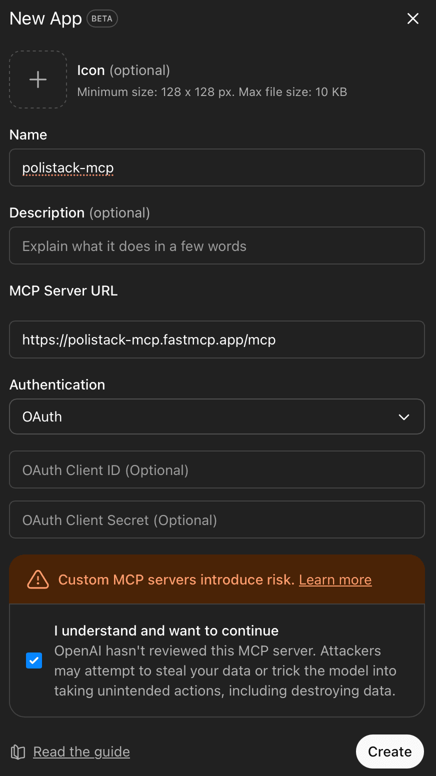 ChatGPT Apps settings showing PoliStack Governance Intel as an enabled app