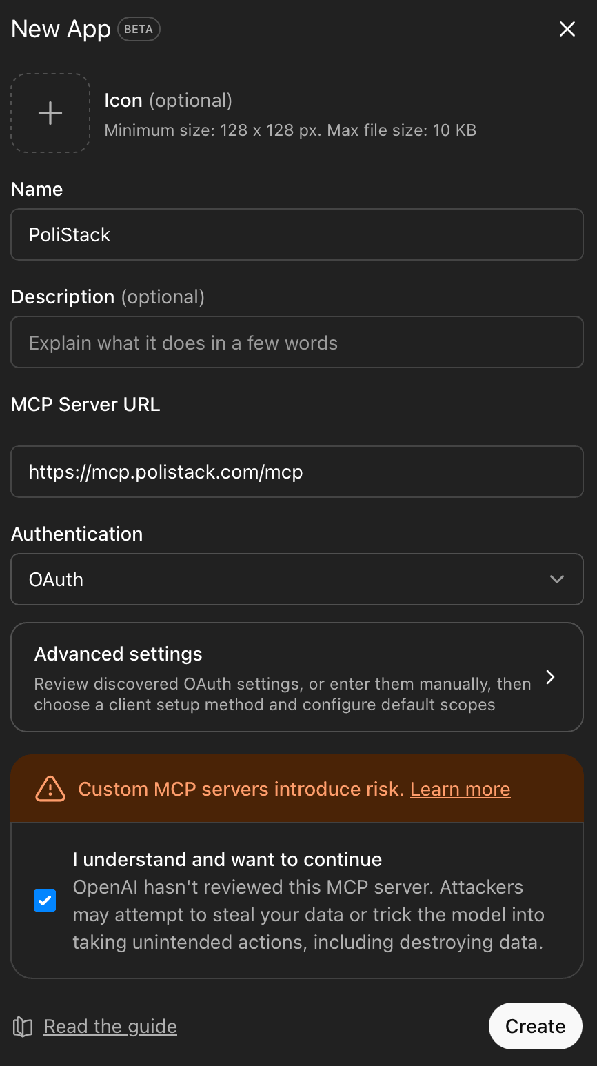 ChatGPT Apps settings showing PoliStack Governance Intel as an enabled app