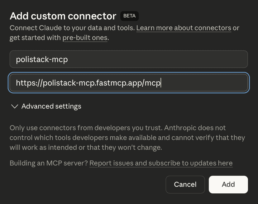 Add custom connector dialog in Claude