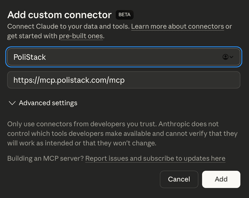 Add custom connector dialog with PoliStack name and URL filled in