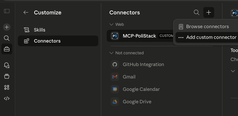 Connectors panel showing Add custom connector option