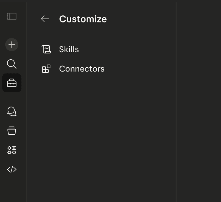 Customize menu showing Skills and Connectors options