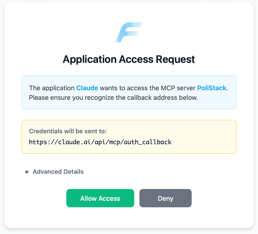 Application Access Request page showing Claude requesting access to PoliStack MCP server