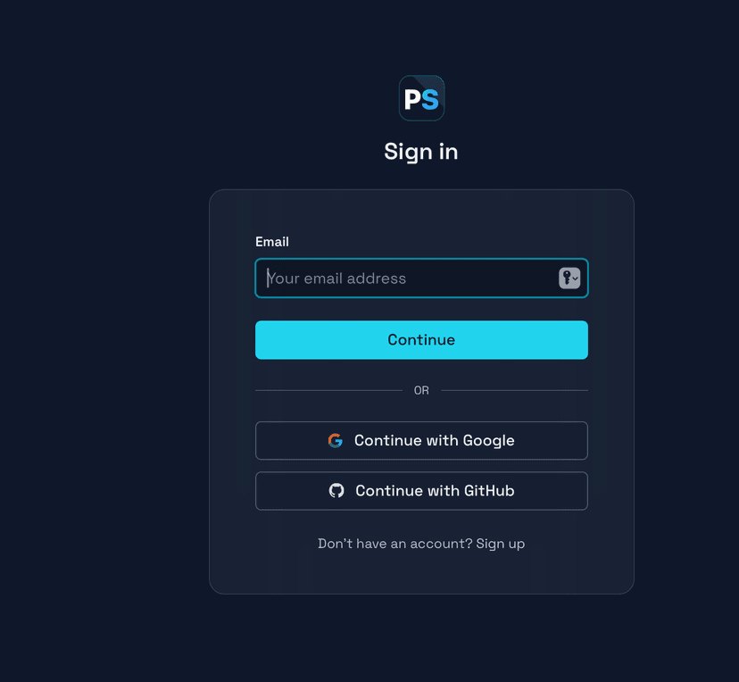 PoliStack sign in page with email, Google, and GitHub options